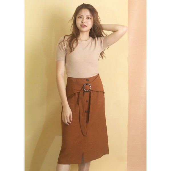 Button-Through Front Belt Tie Skirt